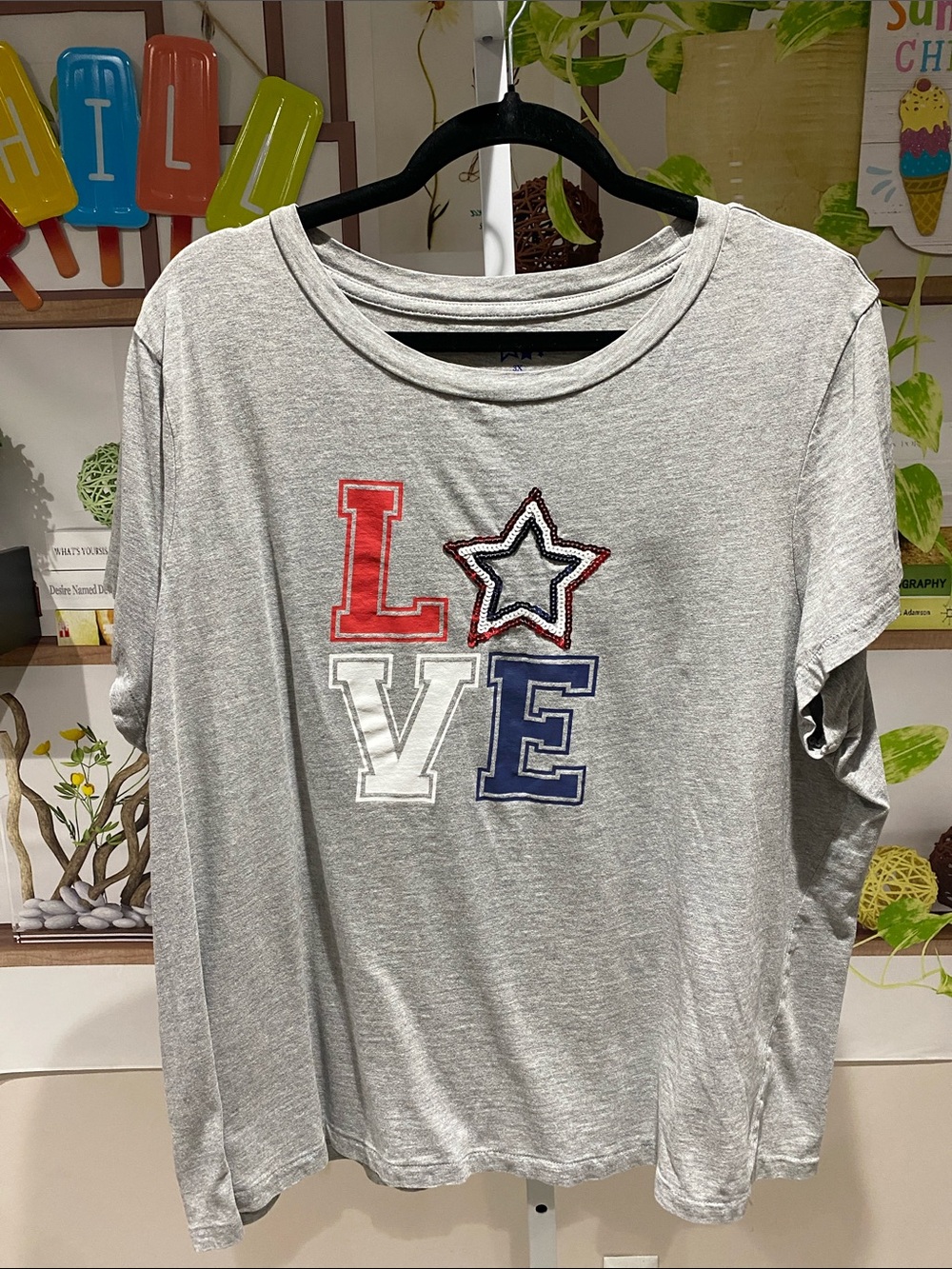 Women's Grey Short-Sleeve 'LOVE' Graphic Tee - Red White Blue Accents 26 Ptp